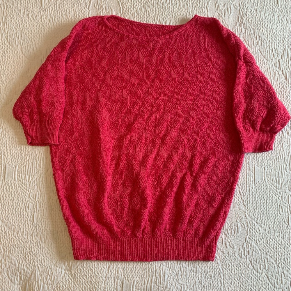 Vintage 80s Pink Crew-Neck Pullover Short-Sleeve Sweater Basics 100% Cotton